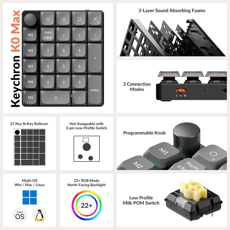 Keychron K0 Max Wireless Low-Profile Number Pad, QMK/VIA Programmable, Hot-Swappable Banana Switch, RGB Backlit, 2.4GHz & Bluetooth 5.3, 1000Hz Polling Rate, with Knob, for Windows/Mac - Image 3